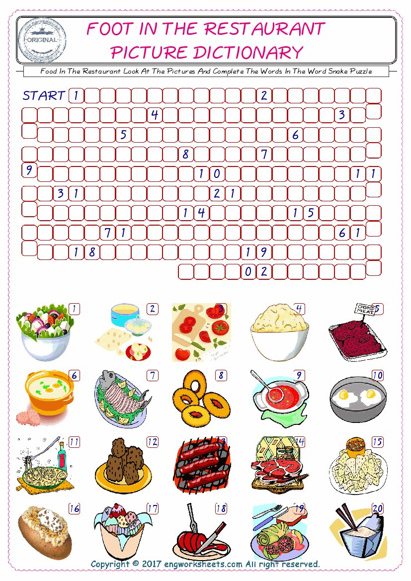  Check the Illustrations of Food In The Restaurant english worksheets for kids, and Supply the Missing Words in the Word Snake Puzzle ESL play. 